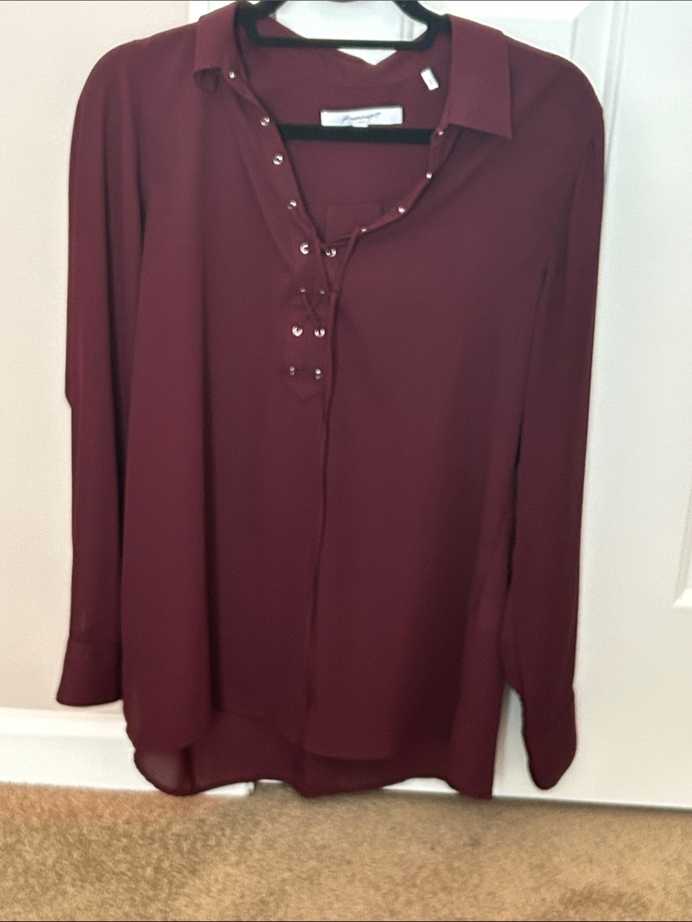 Foxcroft Burgundy Lace-Up V-Neck Long Sleeve Blouse